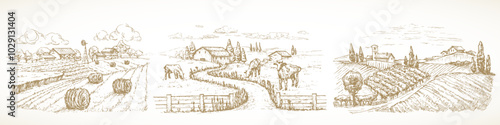 Farm Sketch Rustic Landscape Illustrations Set. Hand Drawn Vector Countryside Village Vineyard with Domestic Cattle Cow Animals, Haystacks Doodle. Engraving Style Pasture Drawing. Isolated