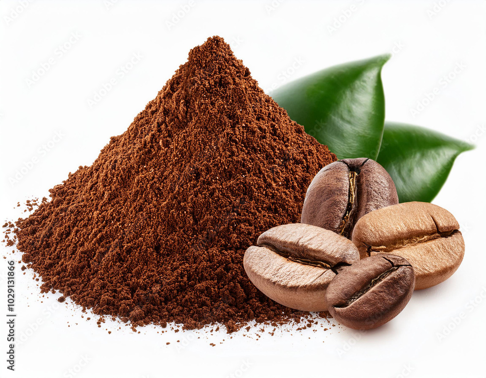 Ground coffee and coffee beans on white background. Macro with full dept of field Ground coffee and coffee beans on white background. Macro with full dept of field