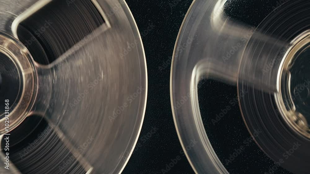 Tape audio music player, studio magnetic tape, vintage retro spool reel to reel player and recorder, magnetic tape data storage close up, music studio.