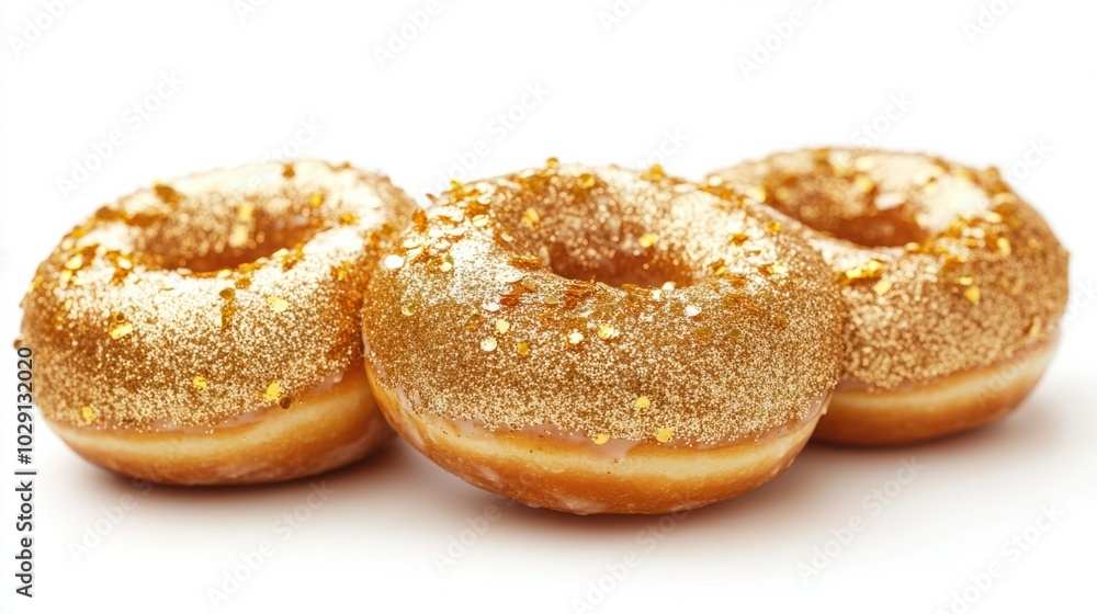 Festive New Year donuts covered in gold icing and edible glitter, isolated on white background Festive New Year donuts covered in gold icing and edible glitter, isolated on white background