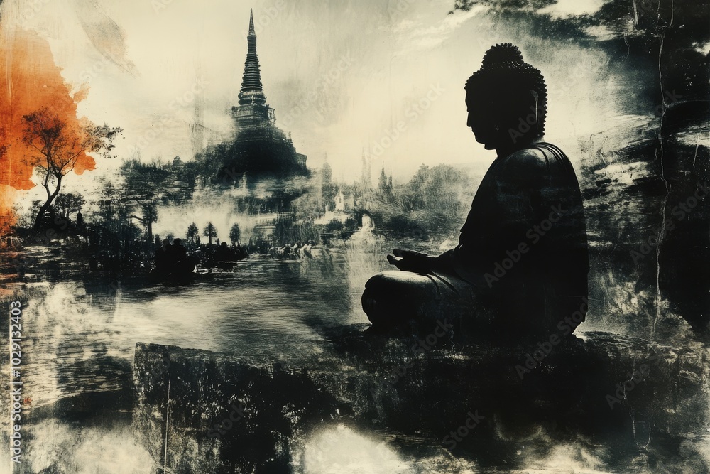 Obraz premium Lhabab Duchen. Holiday in Tibetan Buddhism, dedicated to the return of Shakyamuni Buddha to earth from the Thirty-three heavens gods.