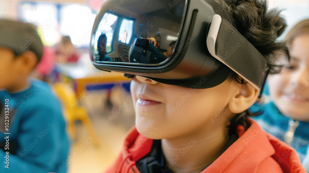 child wearing virtual reality goggles experiences immersive technology in classroom setting, showcasing curiosity and excitement child wearing virtual reality goggles experiences immersive technology in classroom setting, showcasing curiosity and excitement