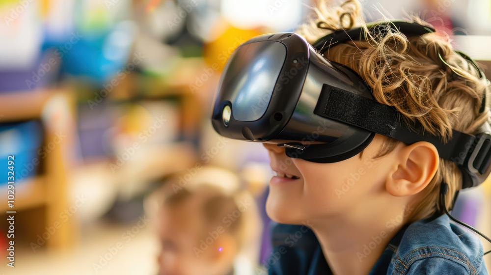 child wearing virtual reality headset smiles with excitement, immersed in digital world. colorful background suggests playful environment, enhancing joyful experience child wearing virtual reality headset smiles with excitement, immersed in digital world. colorful background suggests playful environment, enhancing joyful experience