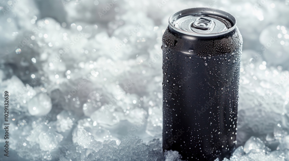 Blank black aluminum can, crushed ice background with copy space Blank black aluminum can, crushed ice background with copy space