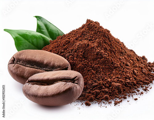 Ground coffee and coffee beans on white background. Macro with full dept of field photo