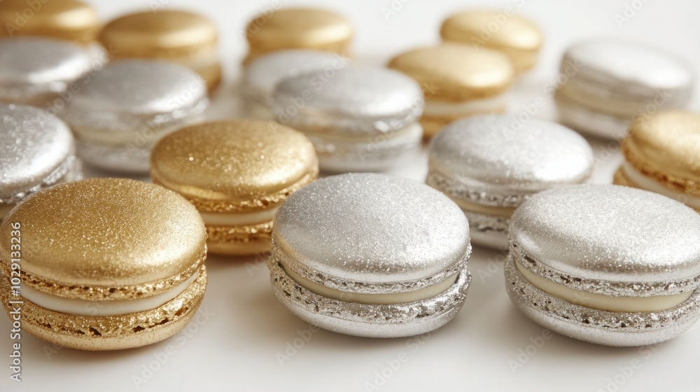 Gold and silver macarons arranged in a festive display for New Year's celebrations, isolated on white background Gold and silver macarons arranged in a festive display for New Year's celebrations, isolated on white background