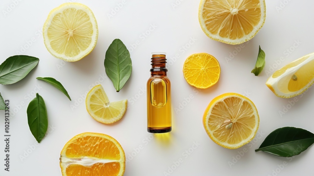 Bottle of natural bergamot or lemon essential oil on white background with orange scent. Flat lay. Aromatherapy and natural cosmetics. Bottle of natural bergamot or lemon essential oil on white background with orange scent. Flat lay. Aromatherapy and natural cosmetics.