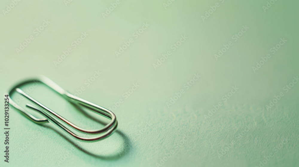 close up view of silver paperclip resting on soft green surface, showcasing its sleek design and subtle shadows. This captures simplicity and functionality in everyday office supplies close up view of silver paperclip resting on soft green surface, showcasing its sleek design and subtle shadows. This captures simplicity and functionality in everyday office supplies