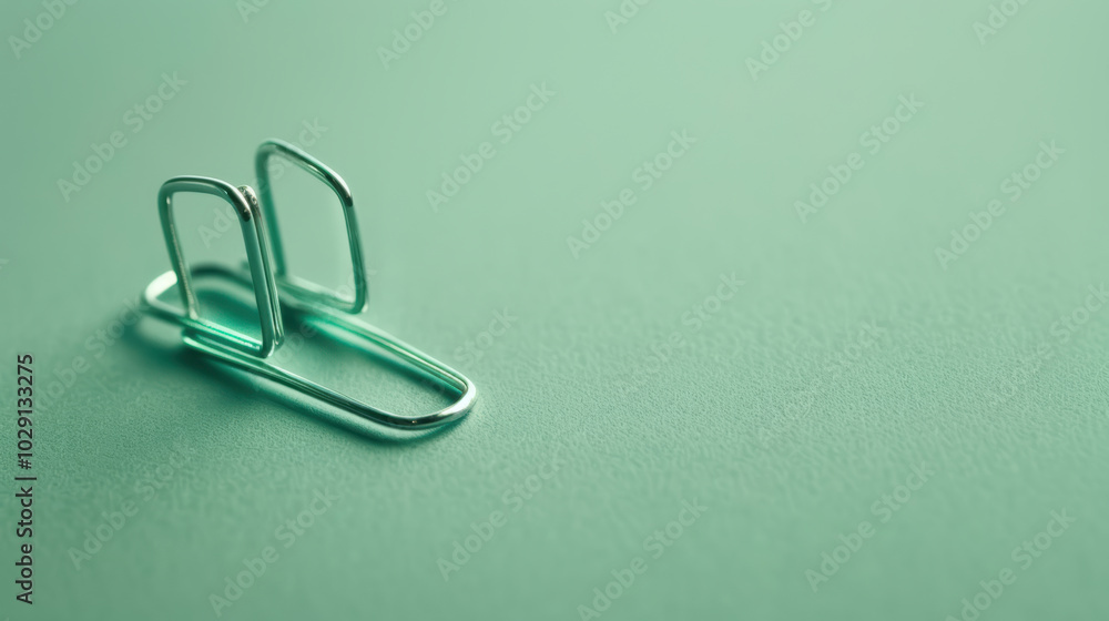 close up view of silver paper clip resting on soft green surface, showcasing its sleek design and functionality. simplicity of scene evokes sense of organization and minimalism close up view of silver paper clip resting on soft green surface, showcasing its sleek design and functionality. simplicity of scene evokes sense of organization and minimalism