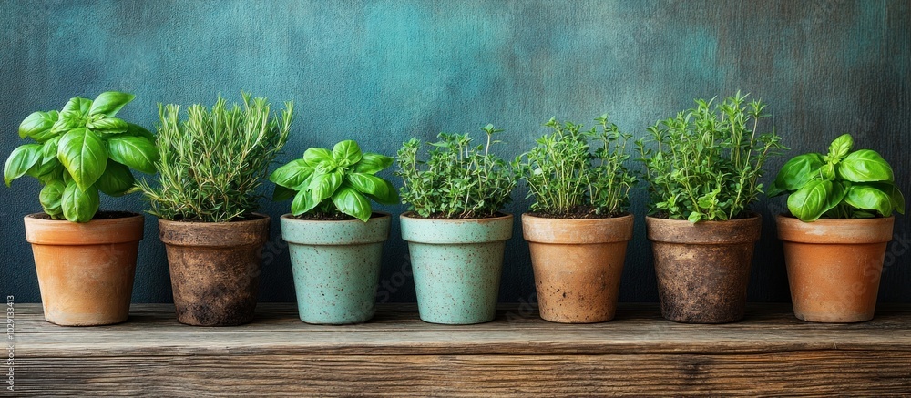 A row of potted herbs, including basil, rosemary, and thyme, sits on a rustic wooden shelf against a blue background. A row of potted herbs, including basil, rosemary, and thyme, sits on a rustic wooden shelf against a blue background.