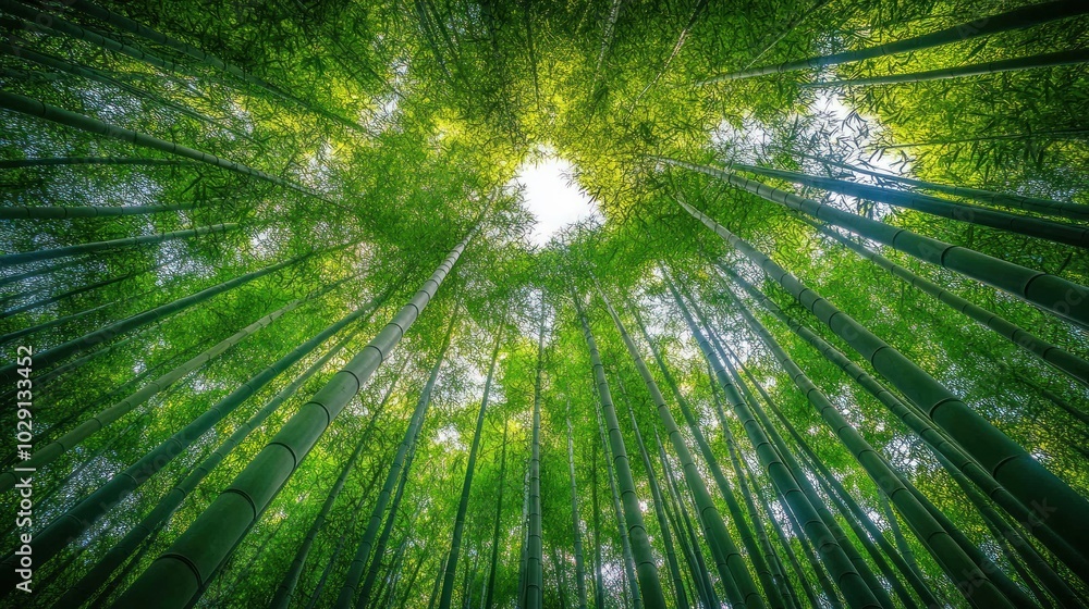 A low angle view of a dense bamboo forest with sunlight peeking through the canopy. A low angle view of a dense bamboo forest with sunlight peeking through the canopy.