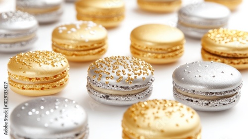 Gold and silver macarons arranged in a festive display for New Year's celebrations, isolated on white background