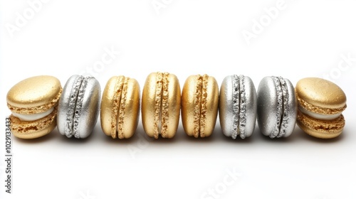 Gold and silver macarons arranged in a festive display for New Year's celebrations, isolated on white background