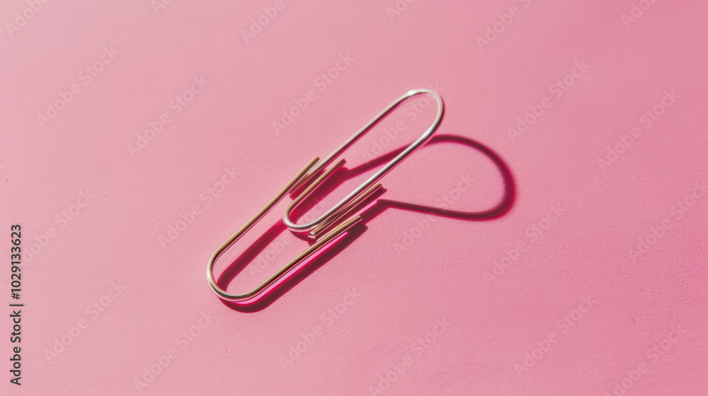simple paper clip rests on vibrant pink background, casting soft shadow that adds depth to composition. This captures essence of minimalism and functionality simple paper clip rests on vibrant pink background, casting soft shadow that adds depth to composition. This captures essence of minimalism and functionality
