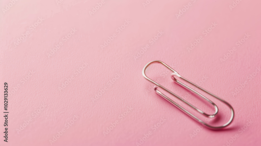 silver paper clip rests on soft pink background, showcasing its sleek design and functionality. This simple yet essential office supply adds touch of elegance to any workspace silver paper clip rests on soft pink background, showcasing its sleek design and functionality. This simple yet essential office supply adds touch of elegance to any workspace