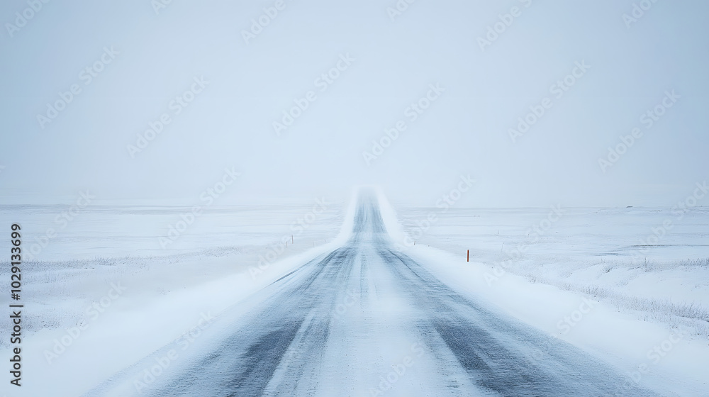 A long stretch of road through a frozen tundra with nothing but snow and ice for miles. A long stretch of road through a frozen tundra with nothing but snow and ice for miles.