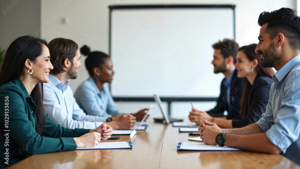 Diverse Team Brainstorming: Professionals in Meeting with Blank Whiteboard for Notes, Diagrams, or Logos Diverse Team Brainstorming: Professionals in Meeting with Blank Whiteboard for Notes, Diagrams, or Logos