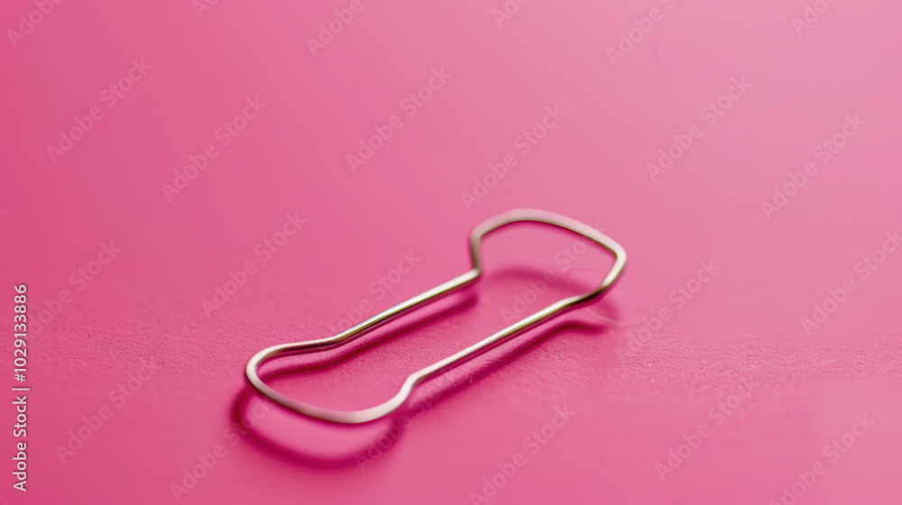 silver paperclip rests on vibrant pink background, showcasing its simple yet functional design. contrast between metallic clip and bright surface creates striking visual appeal silver paperclip rests on vibrant pink background, showcasing its simple yet functional design. contrast between metallic clip and bright surface creates striking visual appeal