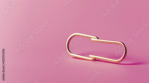 golden paperclip rests on soft pink surface, showcasing its sleek design and simplicity. contrast between metallic clip and pastel background creates visually appealing composition