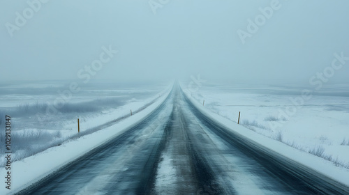 A long stretch of road through a frozen tundra with nothing but snow and ice for miles. photo