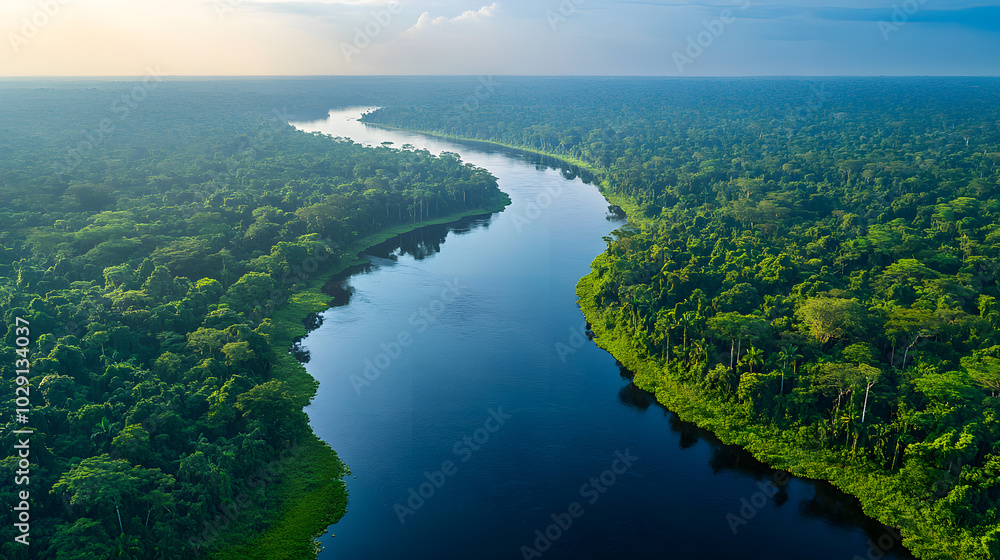 Aerial Perspective Highlighting Mesmerizing Water Currents Winding Through the Lush Green Valleys of the Amazon Rainforest Aerial Perspective Highlighting Mesmerizing Water Currents Winding Through the Lush Green Valleys of the Amazon Rainforest