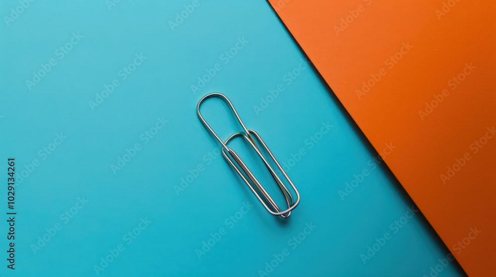 silver paperclip rests on vibrant turquoise background, complemented by bold orange corner. This minimalist composition highlights contrast between colors and shapes, creating visually striking silver paperclip rests on vibrant turquoise background, complemented by bold orange corner. This minimalist composition highlights contrast between colors and shapes, creating visually striking