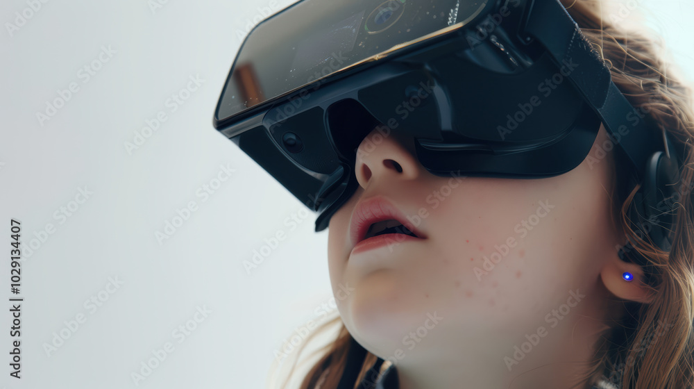 Immersed in virtual world, child experiences excitement of technology through VR headset. focus and wonder on their face highlight joy of exploration Immersed in virtual world, child experiences excitement of technology through VR headset. focus and wonder on their face highlight joy of exploration