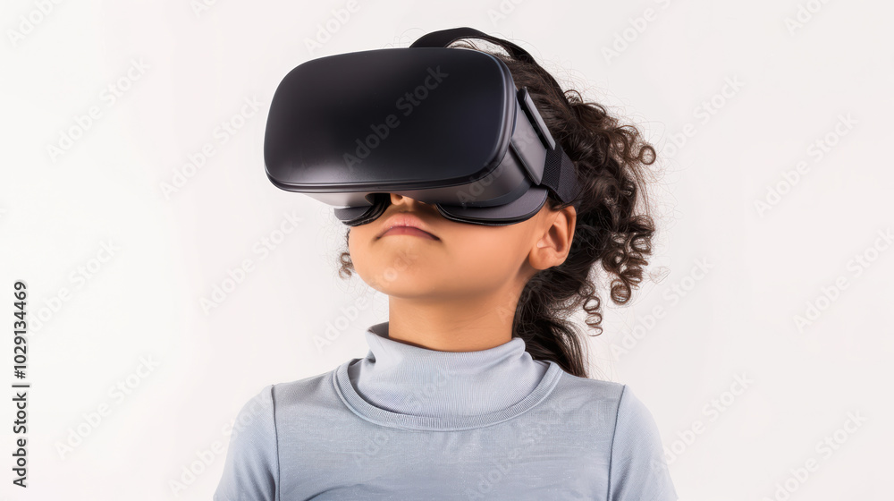Immersed in virtual world, young girl experiences excitement of technology through VR headset. Her focused expression reflects curiosity and wonder Immersed in virtual world, young girl experiences excitement of technology through VR headset. Her focused expression reflects curiosity and wonder