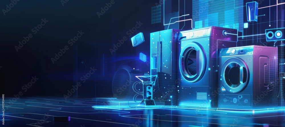 Cyber Week Sale Banner Featuring Premium Smart Home Appliances with Futuristic Backdrop for Digital Marketing Cyber Week Sale Banner Featuring Premium Smart Home Appliances with Futuristic Backdrop for Digital Marketing