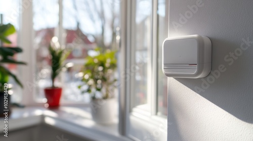 Home radon detector placed near windows, symbolizing indoor air quality control and protection from harmful gases photo