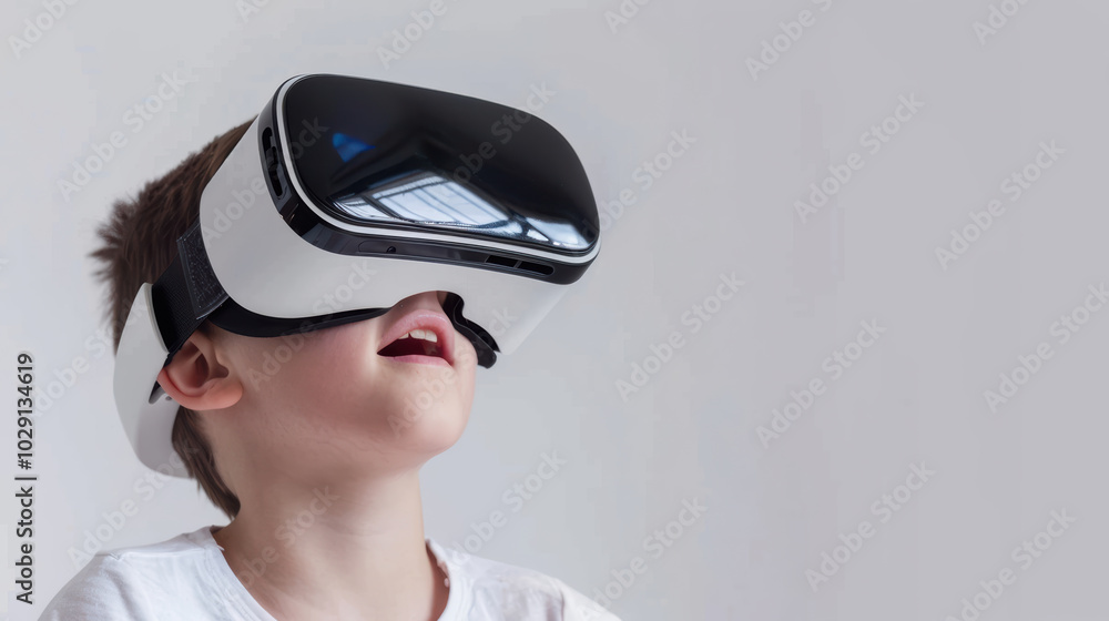 young boy is immersed in virtual reality experience, wearing sleek VR headset. His expression reflects wonder and excitement as he explores new digital worlds young boy is immersed in virtual reality experience, wearing sleek VR headset. His expression reflects wonder and excitement as he explores new digital worlds