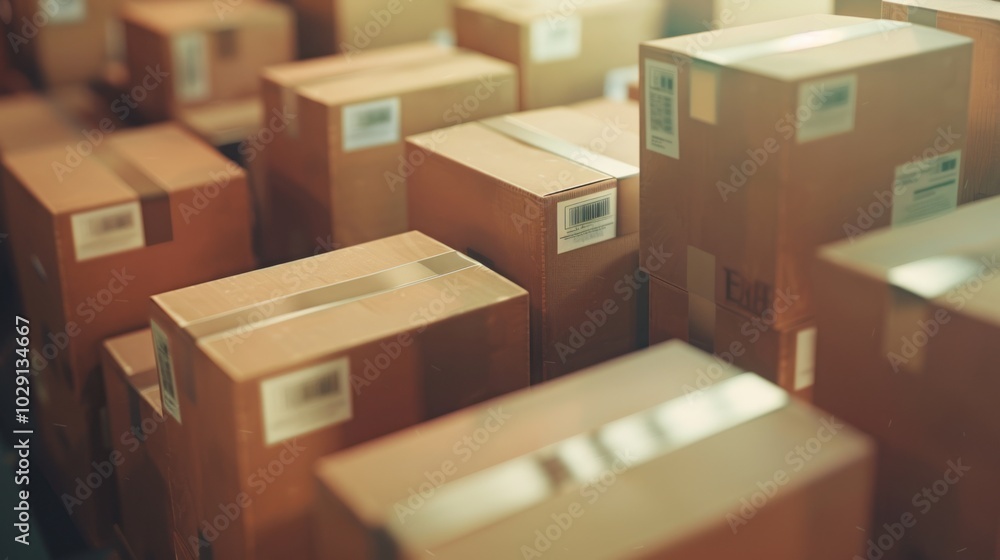 Branded Cardboard Boxes and Stickers for Enhancing Online Sales and Brand Recognition with Depth of Field Logistics and Fulfillment Concept for E commerce and Retail Delivery