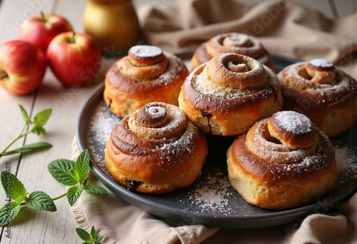 fresh sweet buns with cinnamon, mint, apples