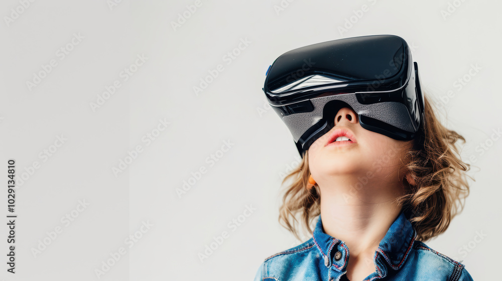 child wearing virtual reality goggles looks up in awe, immersed in digital world. excitement and curiosity on their face reflect wonder of technology child wearing virtual reality goggles looks up in awe, immersed in digital world. excitement and curiosity on their face reflect wonder of technology