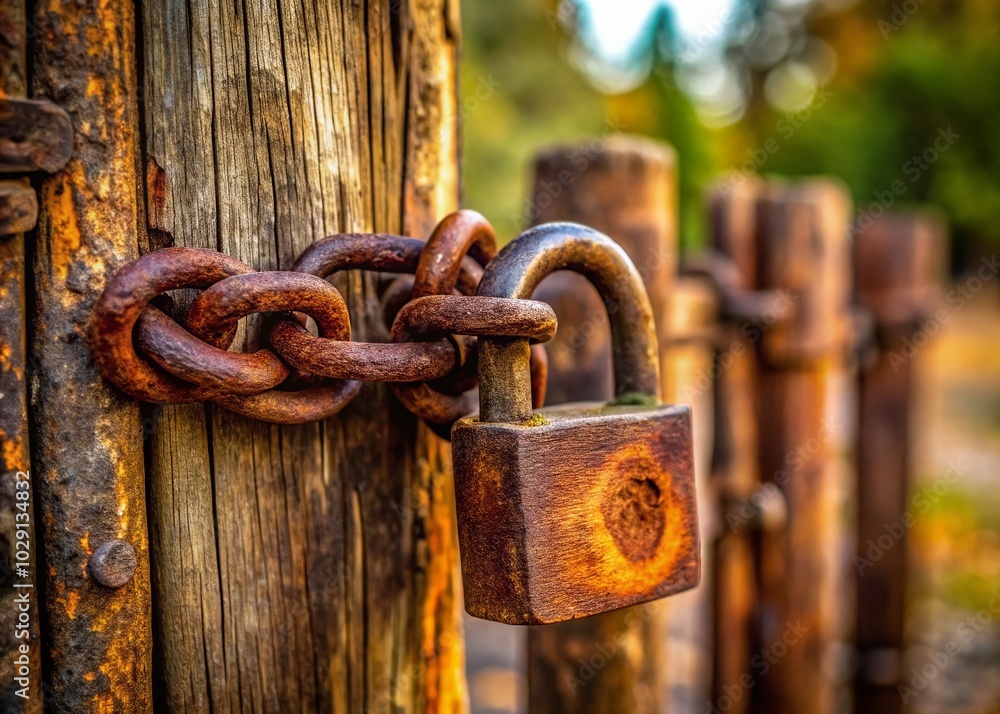 Rustic Fence Lock and Chain Macro Photography for Security Themes Rustic Fence Lock and Chain Macro Photography for Security Themes