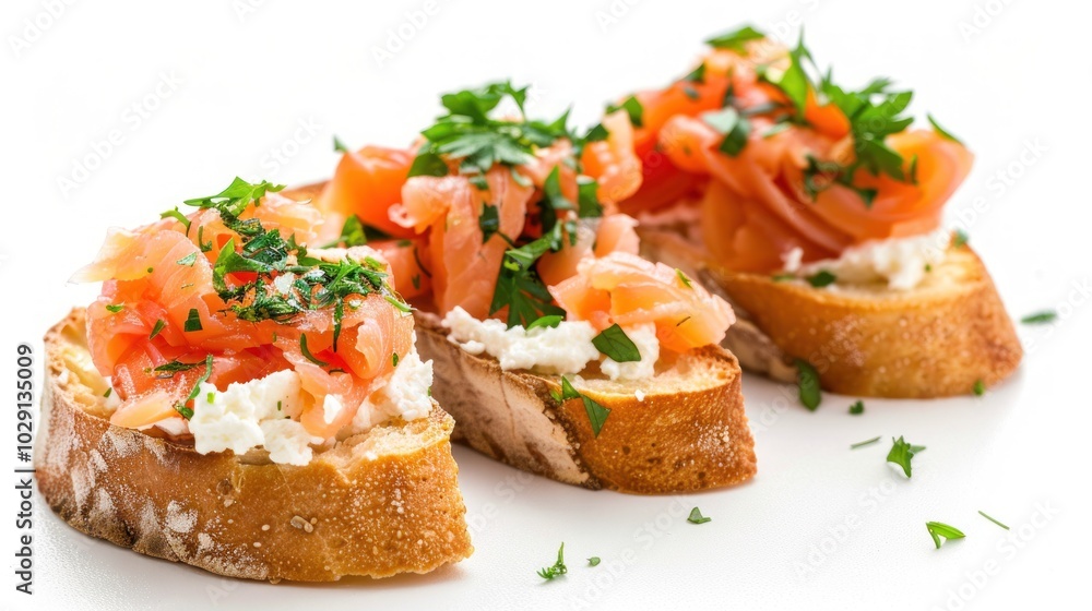 Bruschetta with salmon and cream cheese isolated Bruschetta with salmon and cream cheese isolated
