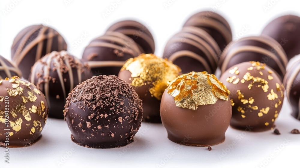 New Year chocolate truffles decorated with edible gold leaf, perfect for celebrations, isolated on white background New Year chocolate truffles decorated with edible gold leaf, perfect for celebrations, isolated on white background