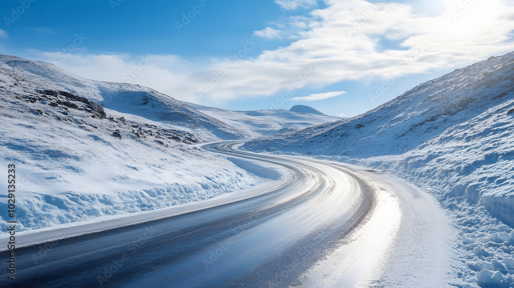 A mountain road winding through a frozen landscape with ice patches glistening under the bright sun. A mountain road winding through a frozen landscape with ice patches glistening under the bright sun.
