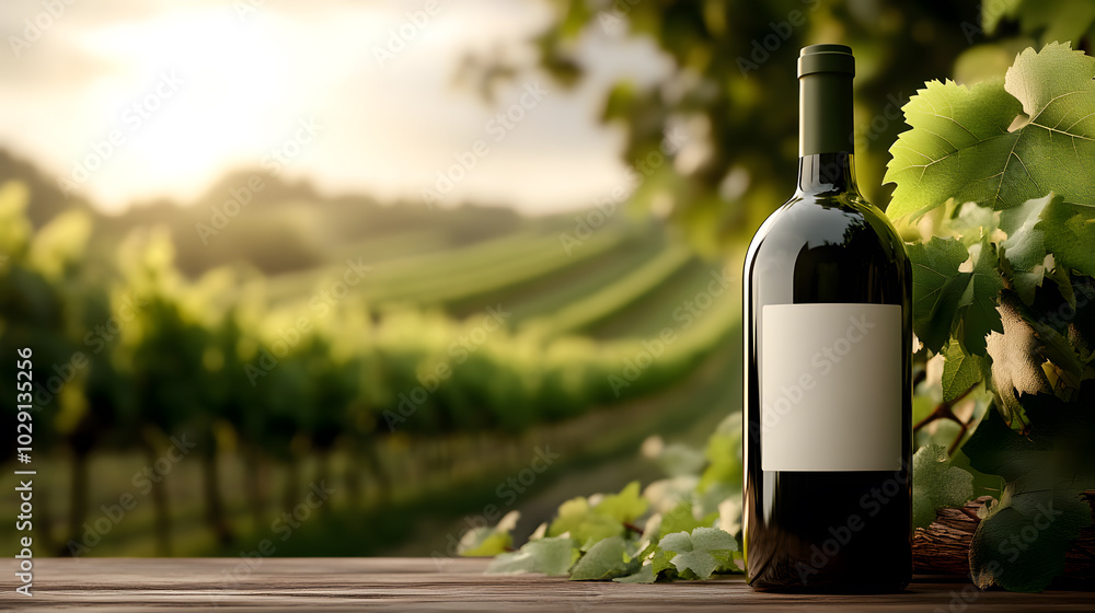Fototapeta premium A tranquil vineyard scene with a wine bottle amidst lush greenery