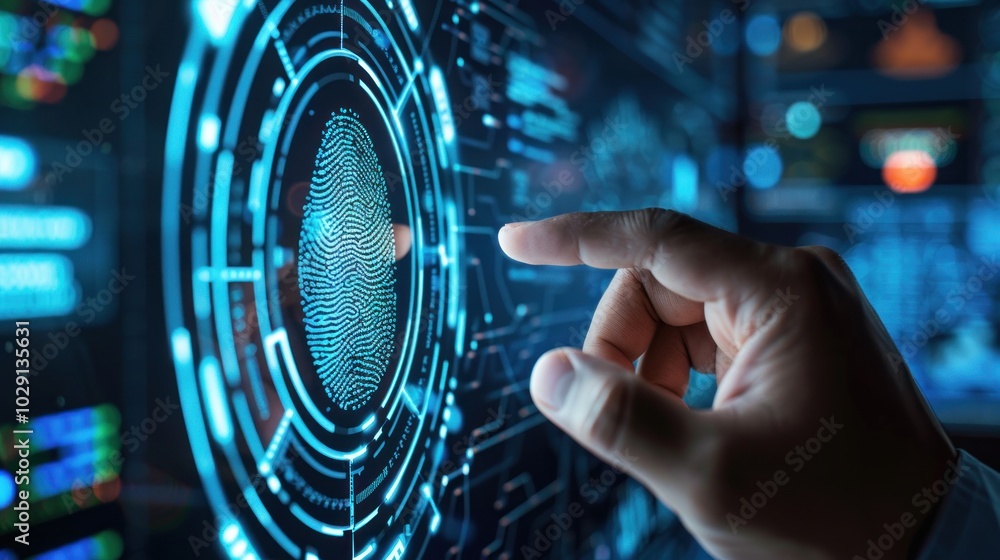 Businessman scans fingerprints provides secure access with biometric identification, internet identification, surveillance and security scanning of digital programs cyber futuristic applications. Businessman scans fingerprints provides secure access with biometric identification, internet identification, surveillance and security scanning of digital programs cyber futuristic applications.