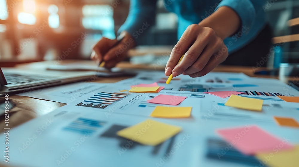 Hands rearranging sticky notes on a printed business document, bright yellow and pink notes popping against the detailed strategy plan, soft light illuminating the clean desk surface. --ar 16:9 Hands rearranging sticky notes on a printed business document, bright yellow and pink notes popping against the detailed strategy plan, soft light illuminating the clean desk surface. --ar 16:9