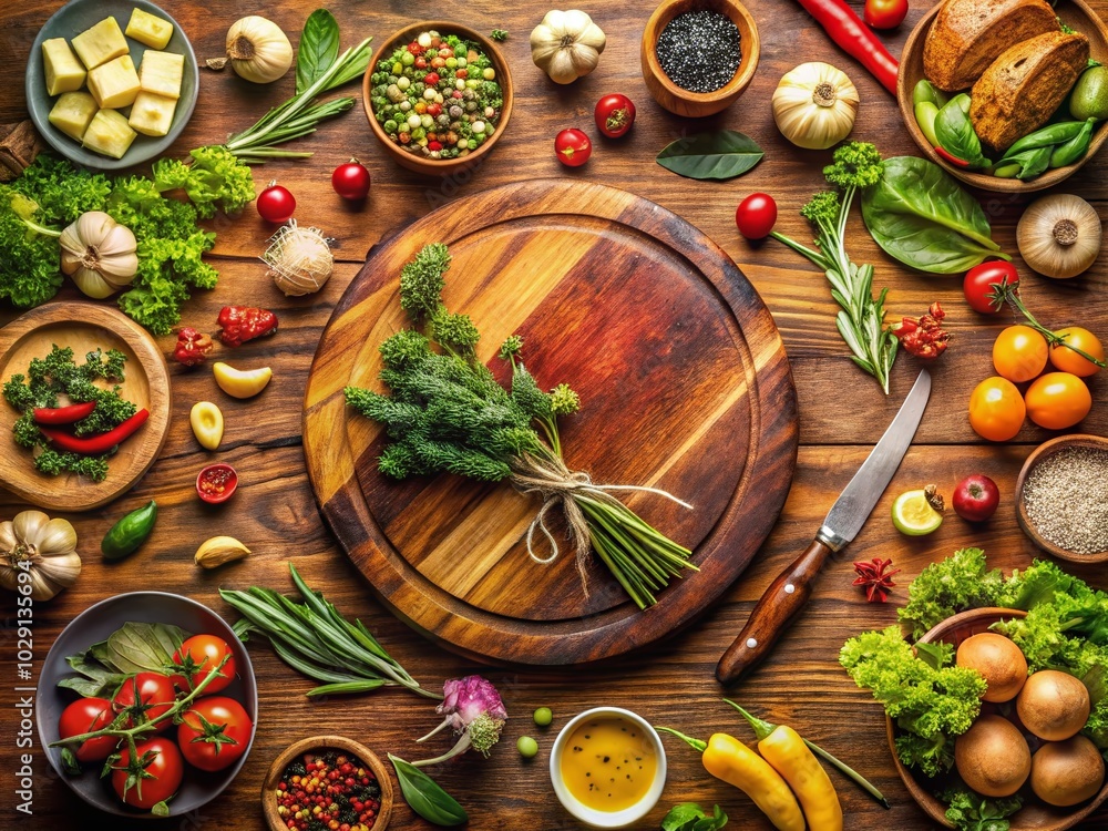 Rustic Round Table Setting with Delicious Food on Brown Background for Food Photography Rustic Round Table Setting with Delicious Food on Brown Background for Food Photography