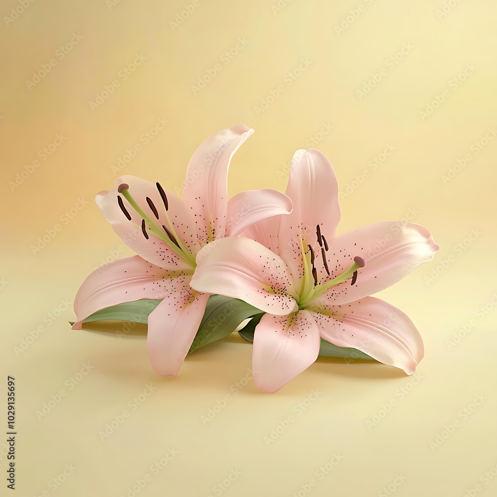 Naklejka premium Two elegant pink lilies bloom gracefully against a soft yellow backdrop, showcasing their delicate petals and intricate details.