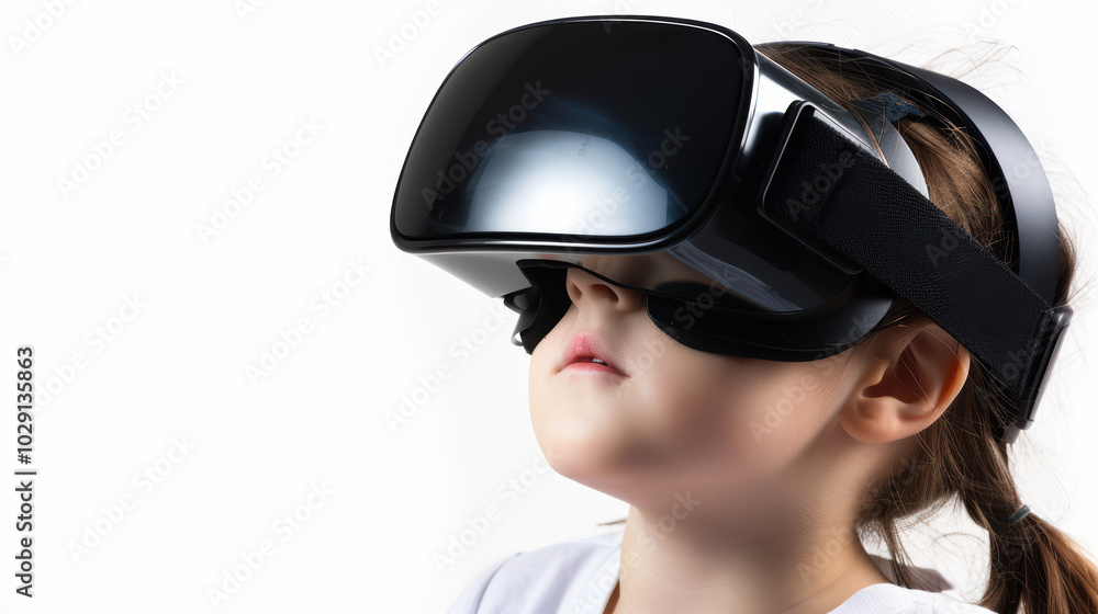 child wearing virtual reality headset, immersed in digital experience, showcasing curiosity and wonder. futuristic technology captures their attention and imagination child wearing virtual reality headset, immersed in digital experience, showcasing curiosity and wonder. futuristic technology captures their attention and imagination