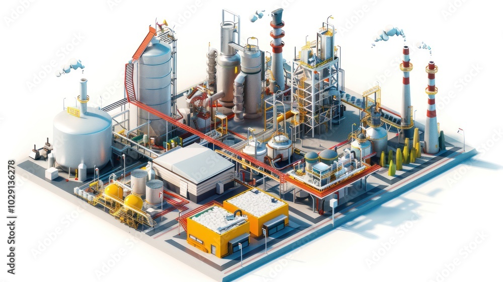 Fototapeta premium Cartoon refinery plant. Isometric diorama isolated on white background