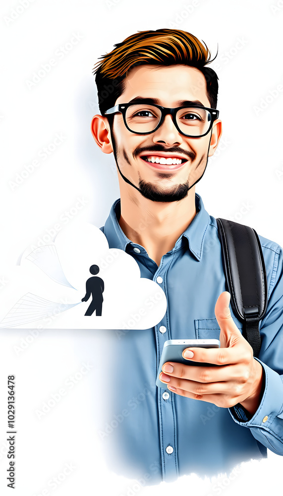 Trend artwork composite sketch image 3D photo collage of young man candidate type smartphone hiring find job hand hold vacancy cloud isolated with white highlights, png