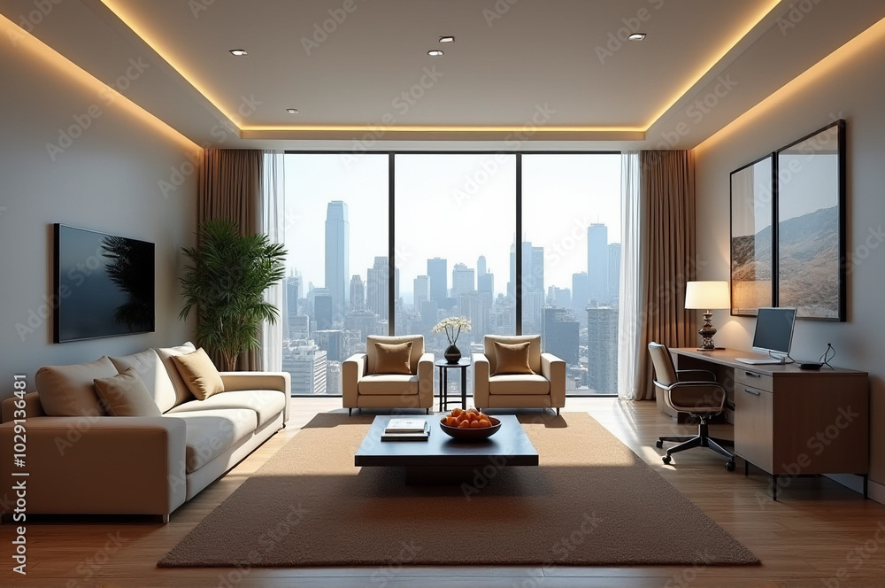 Fototapeta premium Modern living room with city skyline view
