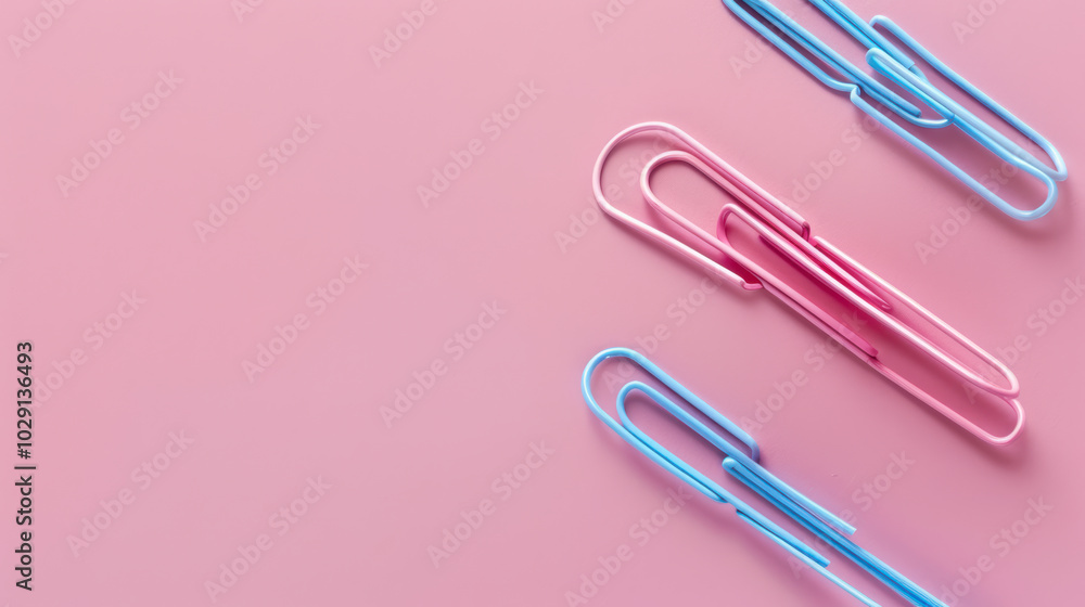 Colorful paper clips arranged on pink background create vibrant and playful office scene. These stationery items add touch of creativity to any workspace Colorful paper clips arranged on pink background create vibrant and playful office scene. These stationery items add touch of creativity to any workspace