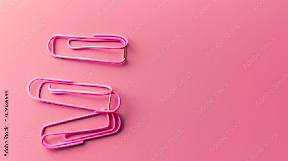 Pink paper clips arranged on soft pink background create visually appealing and organized look. This captures sense of creativity and office supplies Pink paper clips arranged on soft pink background create visually appealing and organized look. This captures sense of creativity and office supplies