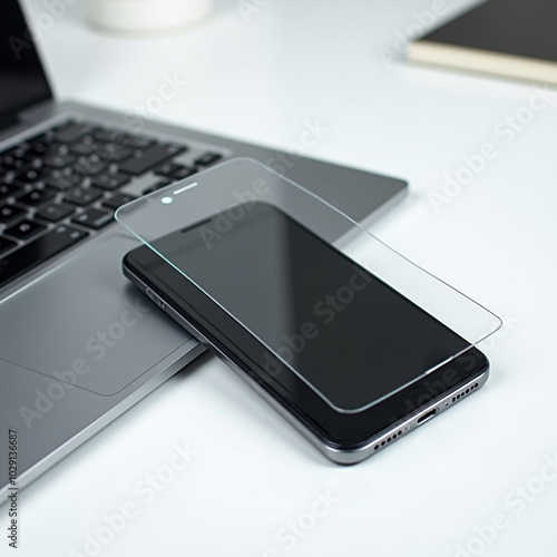 Wallpaper Mural Smartphone with screen protector and laptop on desk  Torontodigital.ca